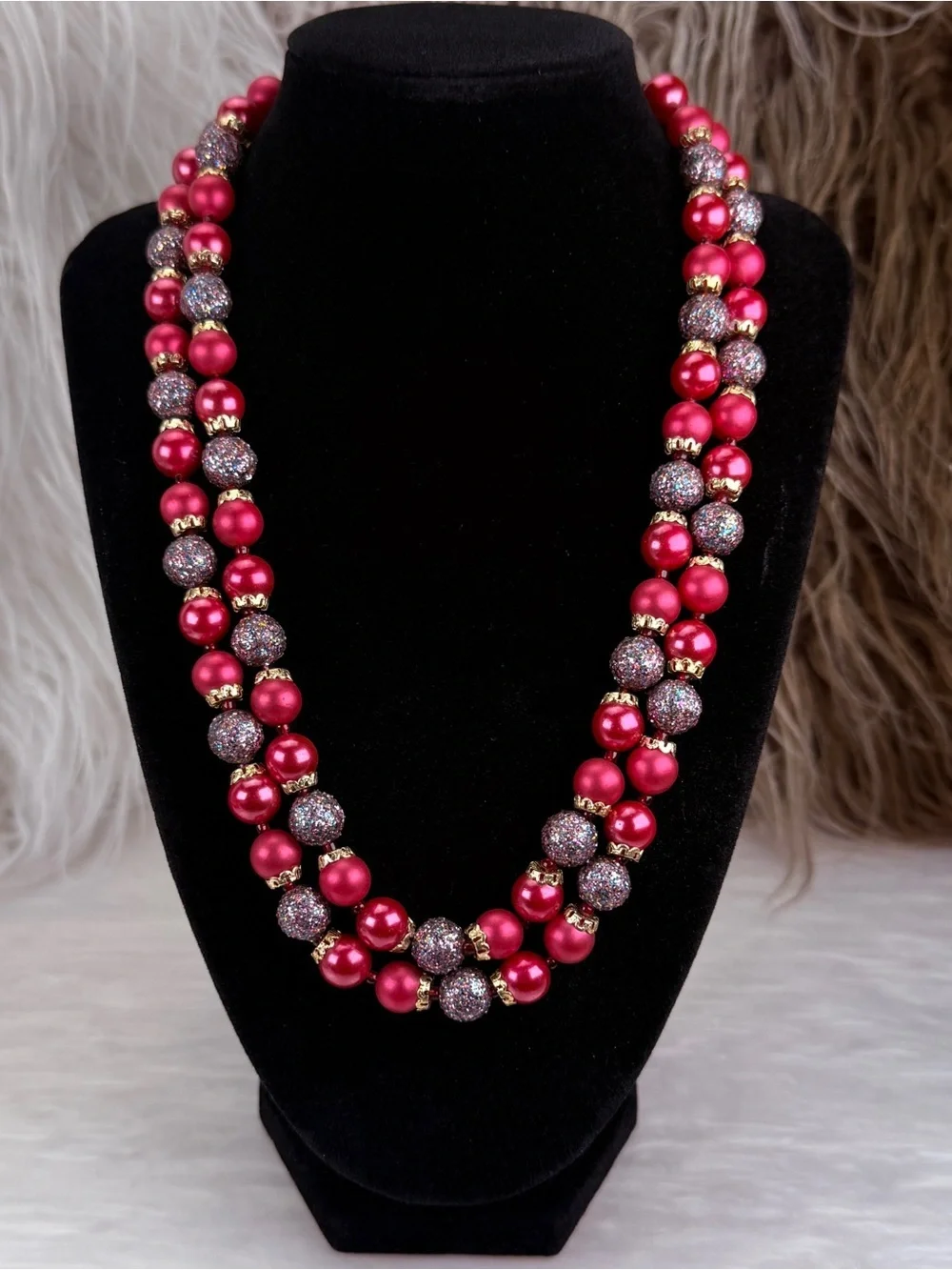 Vintage Japan Double Strand Pink Bead Statement Necklace Gold Tone